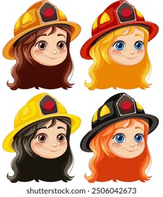 Four smiling girls in firefighter helmets
