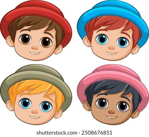 Four smiling lifeguard characters with hats