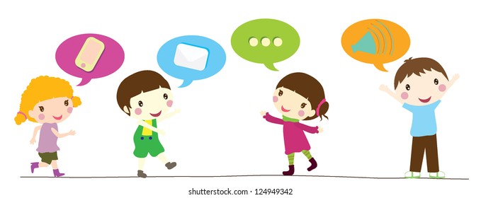 four smiling little children with speech bubbles