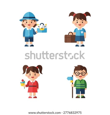 Four smiling school children stand on a white background with a lunchbox, bag, flower pot, and signpost in bright colors.