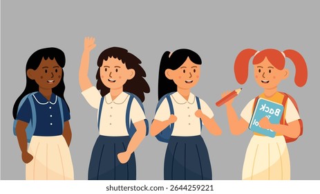 Four smiling schoolgirls in uniform happily holding their school supplies