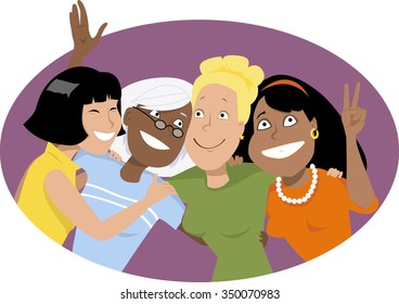 Four Smiling Women Different Ethnicities Hugging: เวกเตอร์สต็อก (ปลอด