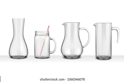 Four smooth glass realistic jugs and carafes of various shapes on white background isolated vector illustration 