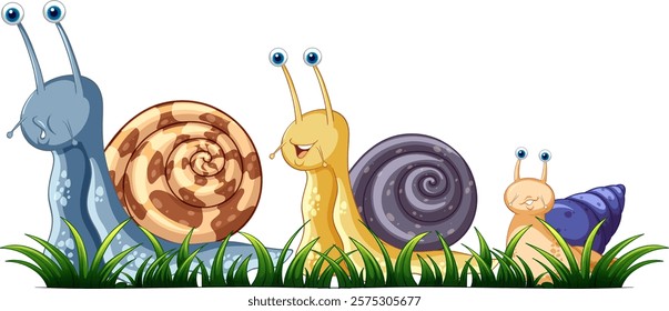 Four snails with unique shells in green grass