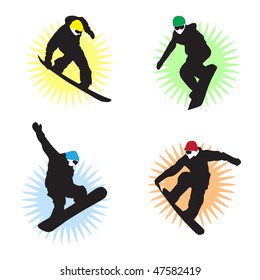 Four snowborders in various positions.