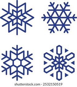 Quatro flocos de neve em azul com diferentes formas e tamanhos