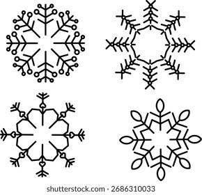 Four snowflakes with different designs, outlined in black, featuring geometric shapes and patterns on a white background, creating a wintery and festive feel.