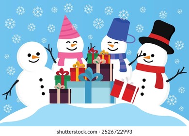 Four Snowman Happy See Colorful Gift Boxes on Winter Blue Background