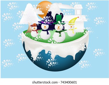 four snowman stand up on blue haft earth and tree ,house ,mountain and sun clouds with snowflake backgrounds ,Christmas's day vector