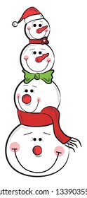 Cuatro hombres de nieve adornados uno sobre otro durante la decoración navideña dibujo o ilustración de color vectorial 