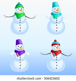 Four snowmen in different clothes