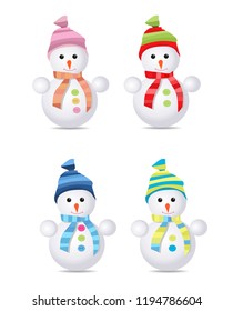 Four snowmen wearing colorful hats and scarves. Vector illustration