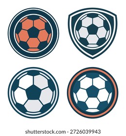Vier Fußball-Designs innerhalb Schild und Kreisrahmen für Sport-Branding und Turnier-Identität.