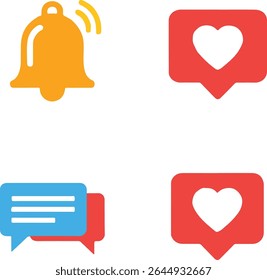 Quatro ícones de mídias sociais: um sino de notificação, duas curtidas em forma de coração e um balão de mensagens.