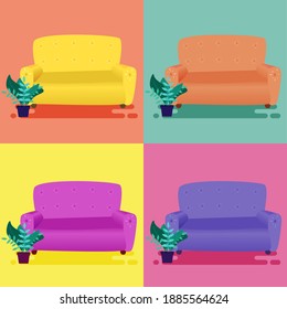 Four sofas set pop art illustration for a modern cafe or indoor design. Bright colorful backgrounds with a contrast stylized object on it. Furniture pop design
