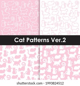 Four Soft Pink Cat Vector Patterns In Outline And Silhoutte Styles. Available In Bundle. Suitable For Children Room, Social Media And Prints Wrapping Paper.