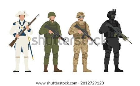 Four soldiers from different historical and modern eras standing in a row showcasing the evolution of combat uniforms and arms.
