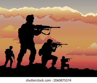 four soldiers silhouettes sunset scene