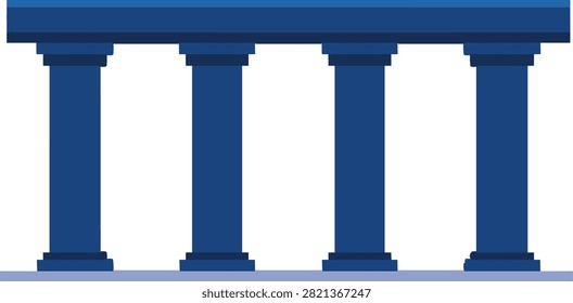 Four solid blue architectural classic pillars columns supporting roof beam vector illustration representing business stability foundation core values structure and strength concept isolated on white background.