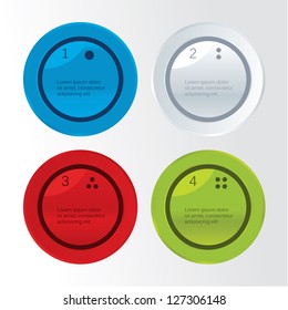 Four solutions - options with space for your content. Four steps. Realistic feel.Fresh modern colors - blue, paper white, red and green.