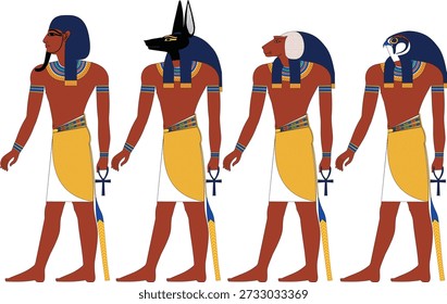 The Four Sons of Horus; Ancient Egyptian Funerary Gods, Imsety,Hapi,Duamutef and Qebehsenuef Color Editable Vector Illustrations