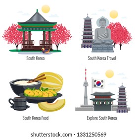 Four south korea tourism compositions with text captions and images of traditional food buildings and memorials vector illustration