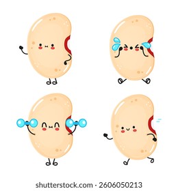 Four soy bean cartoon characters express different moods and activities on a white background.