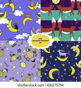 Four space backgrounds with animals. Cute childish seamless patterns set. Cats on the moons, fairy  foxes, cute and cozy cosmos, and magic night sky with animals.
