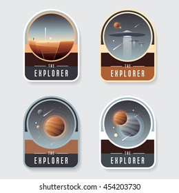 Four space badge emblems with planet mars, ufo crafts, unusual worlds and asteroids in retro vintage style