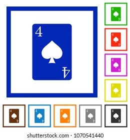 Four of spades card flat color icons in square frames on white background