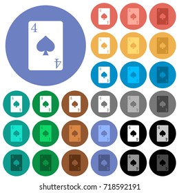 Four of spades card multi colored flat icons on round backgrounds. Included white, light and dark icon variations for hover and active status effects, and bonus shades on black backgounds.