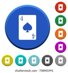 Four of spades card round color beveled buttons with smooth surfaces and flat white icons