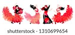 Four spanish girls in long dresses dancing flamenco isolated on white background.