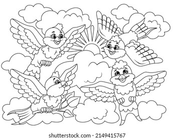 Four sparrows in the sky. Children coloring book.