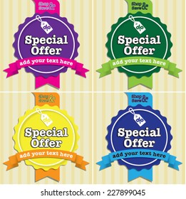 Four special offer badge labels set. stripe background.