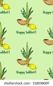 Four species: Etrog, lulav, hadass and aravah. Happy Sukkot,  seamless pattern. Vector illustration EPS 10