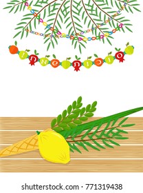 Four species, etrog, lulav, hadass and aravah, symbols of Jewish holiday Sukkot on wooden table, date palm branches, garland with hebrew text - Happy Sukkot, greeting card