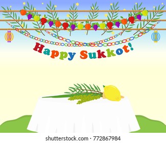 Four species, etrog, lulav, hadass and aravah, symbols of Jewish holiday Sukkot on table, date palm branches, garlands and greeting inscription