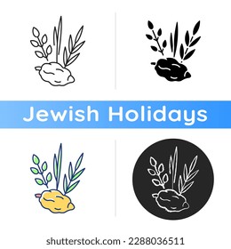 Icono de cuatro especies. Festividad judía. Etrog, lulav, hadas, arava. Festival de la semana de Sukkot. Significado simbólico. Fruto de citrón. Estilos de color negras y RGB lineales. Ilustraciones vectoriales aisladas