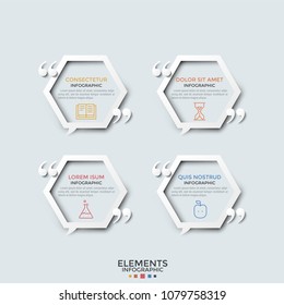 Four speech balloons with paper white hexagonal frames, thin line symbols, place for text inside and quotation marks. Concept of 4 verbal expressions. Infographic design template. Vector illustration.