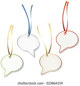 four speech bubble hang tags with ribbon