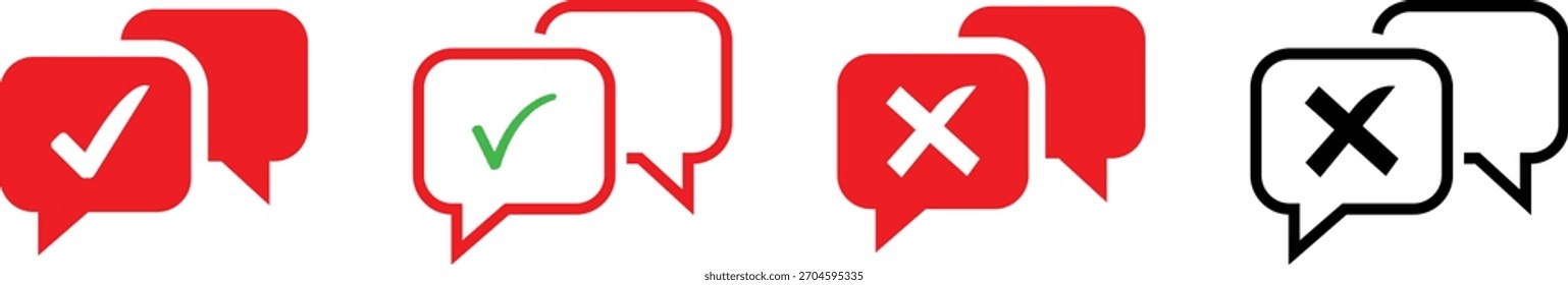 Cuatro iconos de la burbuja del discurso con marcas de verificación y cruz