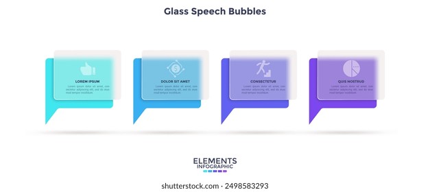 Four speech bubbles behind translucent rectangular elements placed in horizontal row. Concept of 4 features of clear speaking. Minimal infographic design template. Modern flat vector illustration.