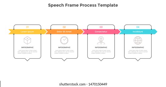 Four speech bubbles placed in horizontal row connected by arrows. Concept of 4 steps or stages of business strategy. Simple infographic design template. Flat vector illustration for progress bar.