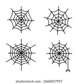 Quatro ilustrações de teia de aranha em contorno preto sobre um fundo branco, uma com uma aranha pendurada para baixo.