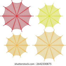 Four spiderweb illustrations in black, purple, yellow, and orange on a white background. Halloween themed design element.