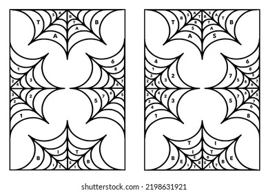 Four 4×4 Spidoku (spider sudoku) puzzles for Halloween. Puzzles are made out of letters that made words BATS, BITE, and numbers 1,2,3,4, and 5,6,7,8. Solution page included. 