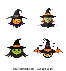 Four spooky halloween witch faces with hats and bats