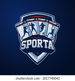 Estilo de juego de distintivos de cuatro tarjetas deportivas. Logotipo de deporte, deporte y torneo para tu marca. Actividad deportiva con cuatro jugadores.