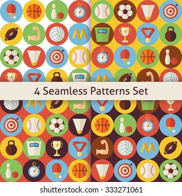 Four Sport Recreation and Competition Seamless Patterns Set with Circles. Fitness and Activities Flat Design Vector Illustration. Background. Set of Team Games First place and Sport Items 